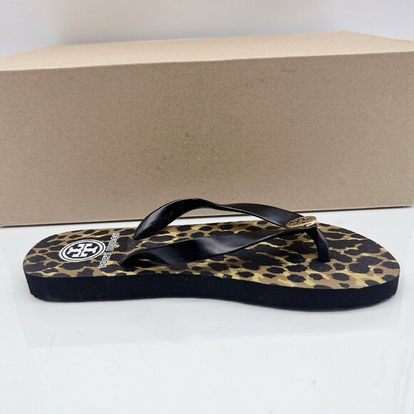 Tory Burch Eva Sole Flip Flops Black Leopard Print Logo Thong Sandal Womens US 5 - Picture 9 of 12